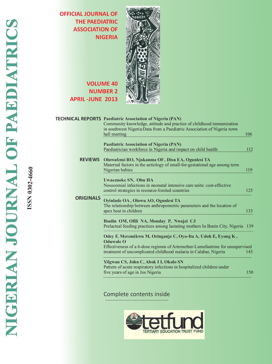 					View Vol. 40 No. 2 (2013): Nigerian Journal of Paediatrics
				