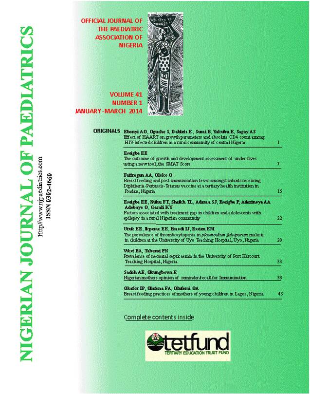 					View Vol. 41 No. 1 (2014): Nigerian Journal of Paediatrics
				