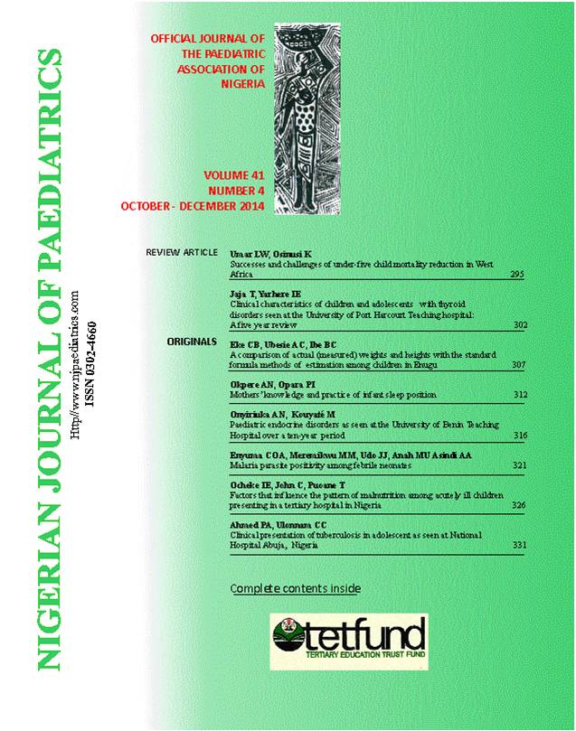 					View Vol. 41 No. 4 (2014): Nigerian Journal of Paediatrics
				