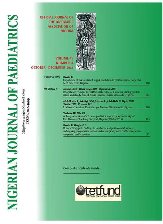 					View Vol. 45 No. 4 (2018): Nigerian Journal of Paediatrics
				